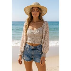 Keen The Label Smocked Peasant Blouse Puff Sleeve Crop Top Long Sleeve L